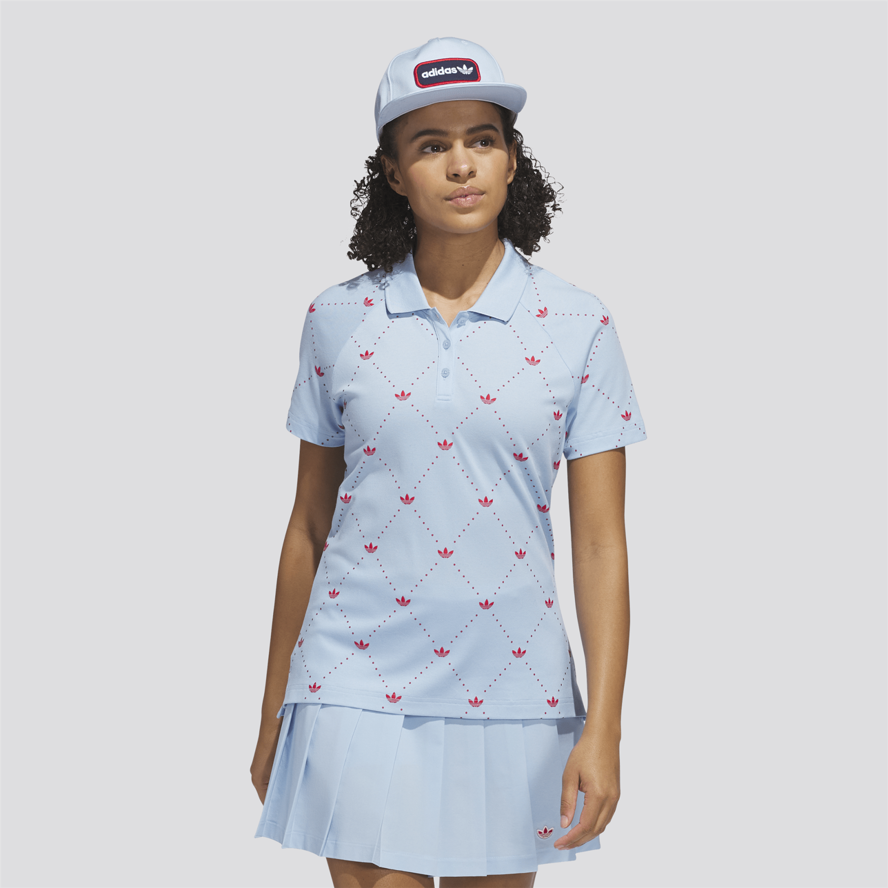 Womens Printed Trefoil Polo Clear Sky/Better Scarlet