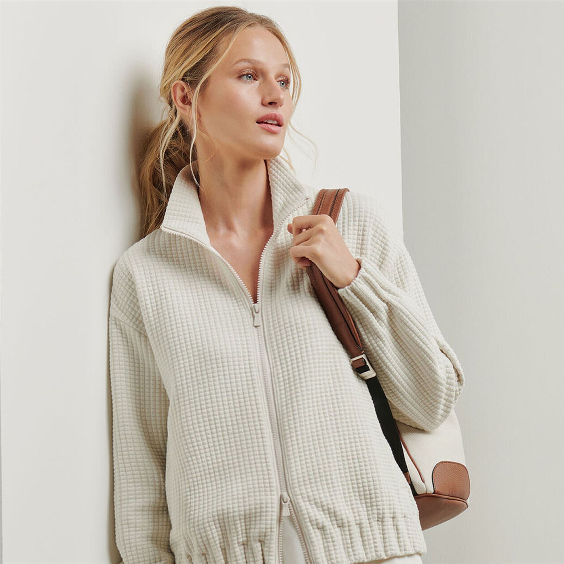 Womens Flora Knit Jacquard Full Zip Layer Stone
