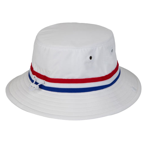 Womens Ribbon Bucket Hat White/Red Blue Stripe