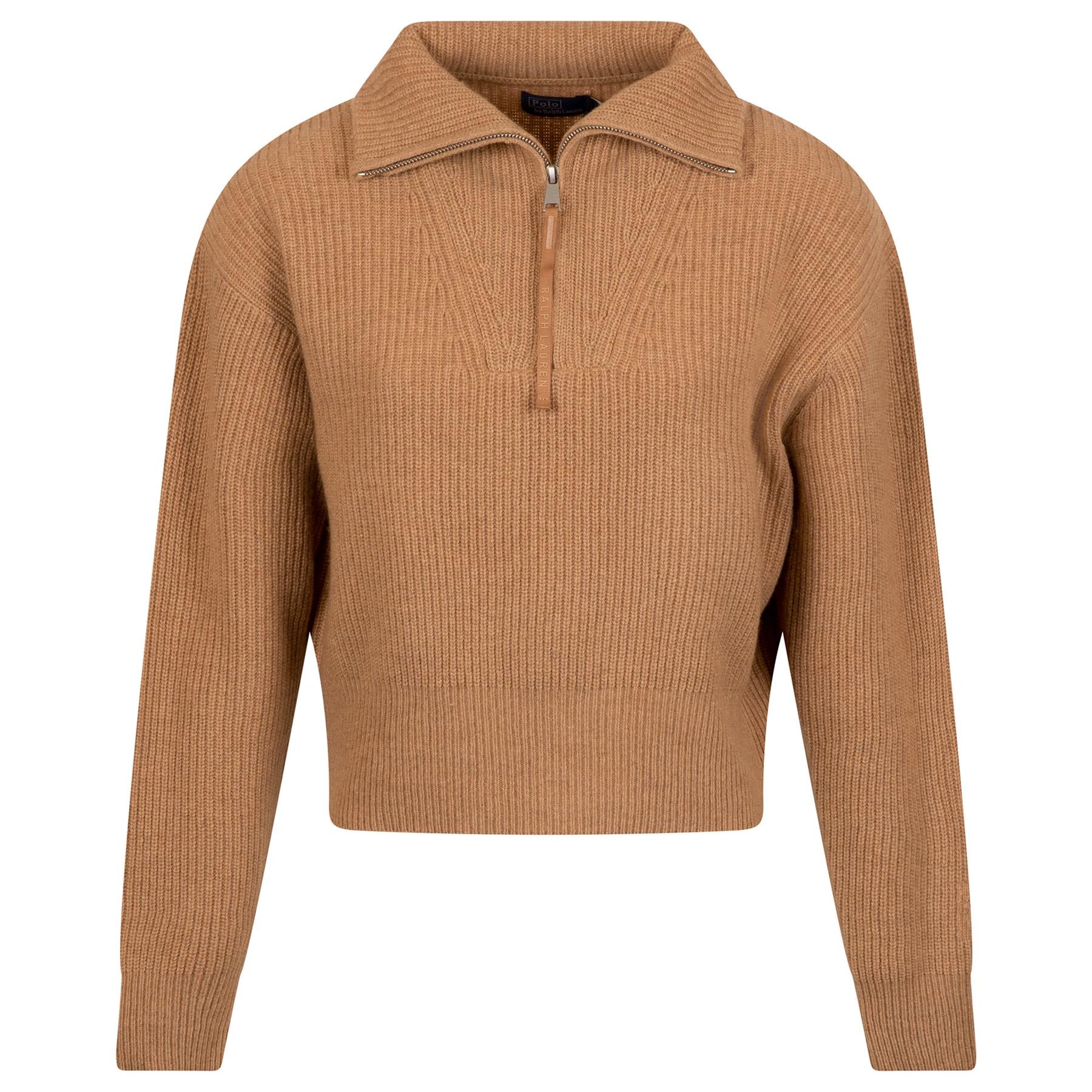 Womens Cashmere Half Zip Cardigan Camel