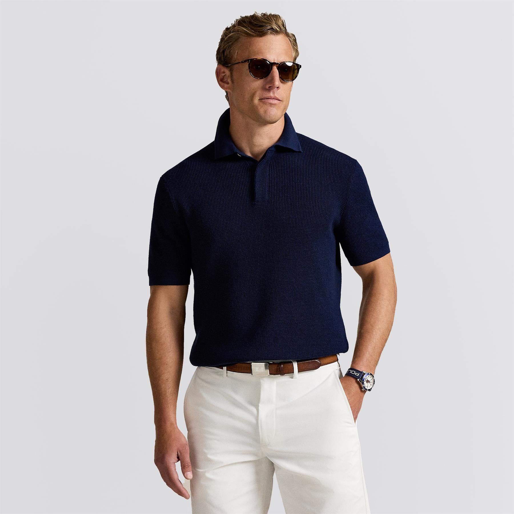 RLX Waffle Knit Cotton Sweater Polo Refined Navy