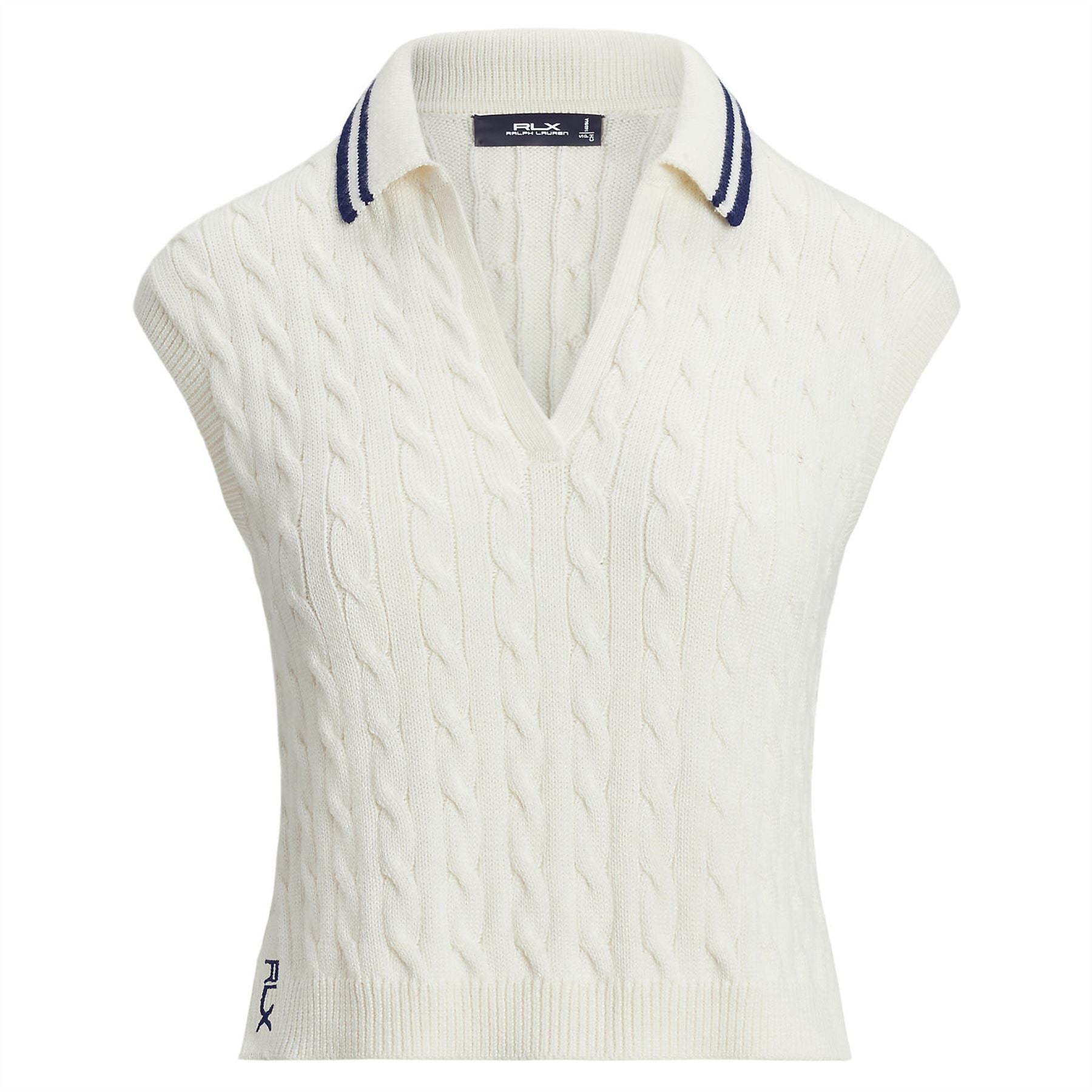 Womens RLX SL Cable Knit V-Neck Polo White Splash/Refined Navy