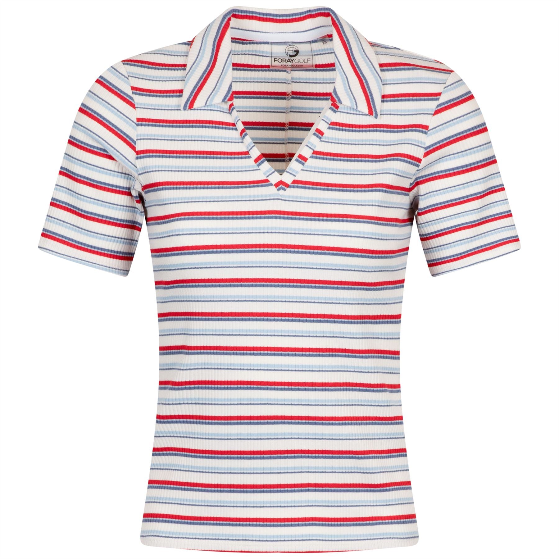 Womens V-Neck Multi Stripe Rib Polo Red/White/Blue