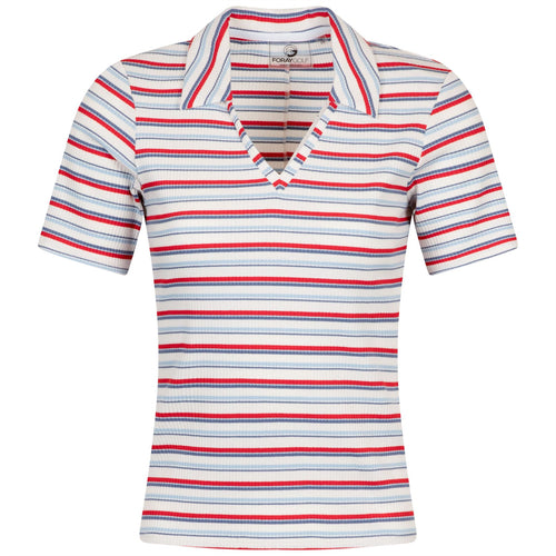 Womens V-Neck Multi Stripe Rib Polo Red/White/Blue