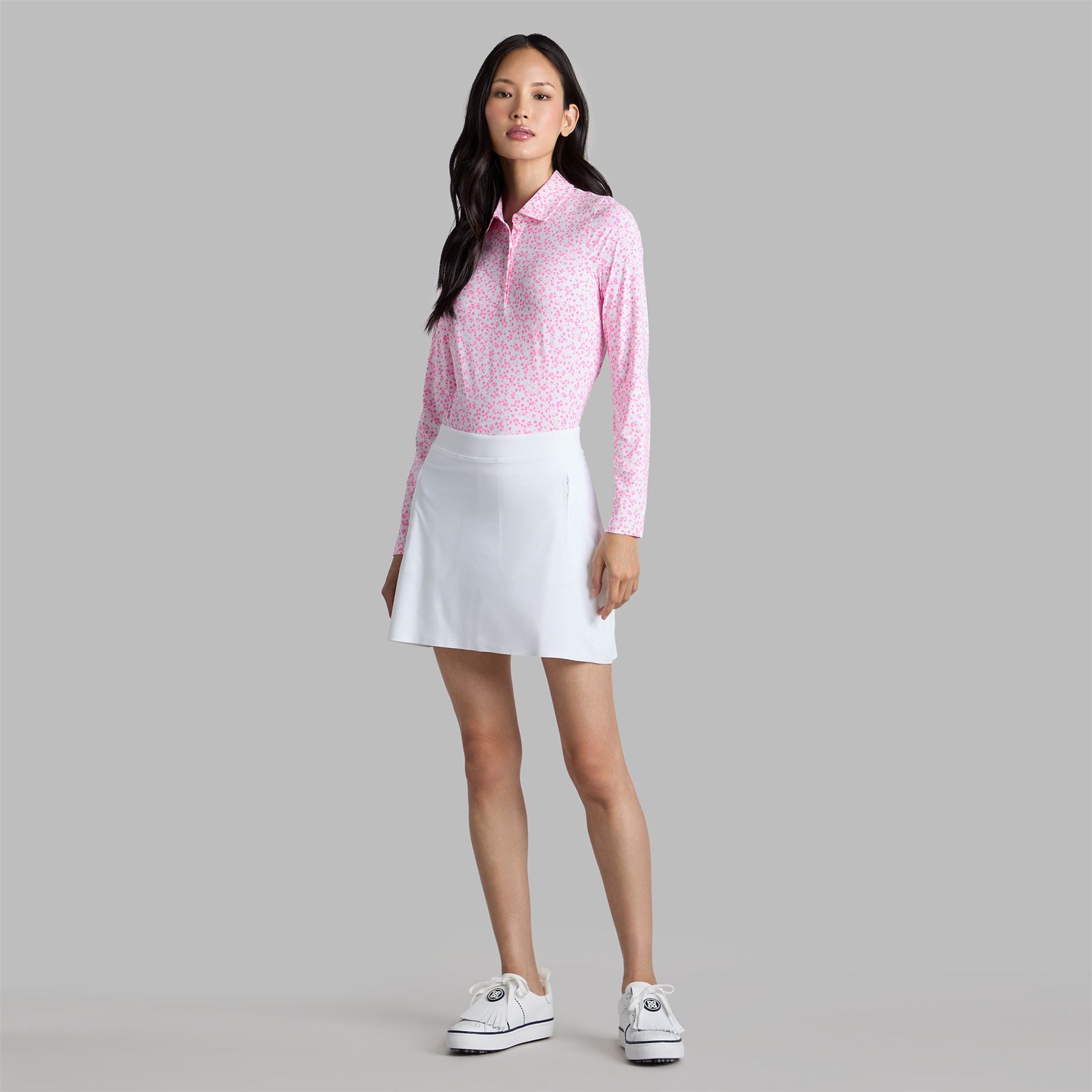 Womens Ditsy Floral Tech Jersey LS Polo Snow