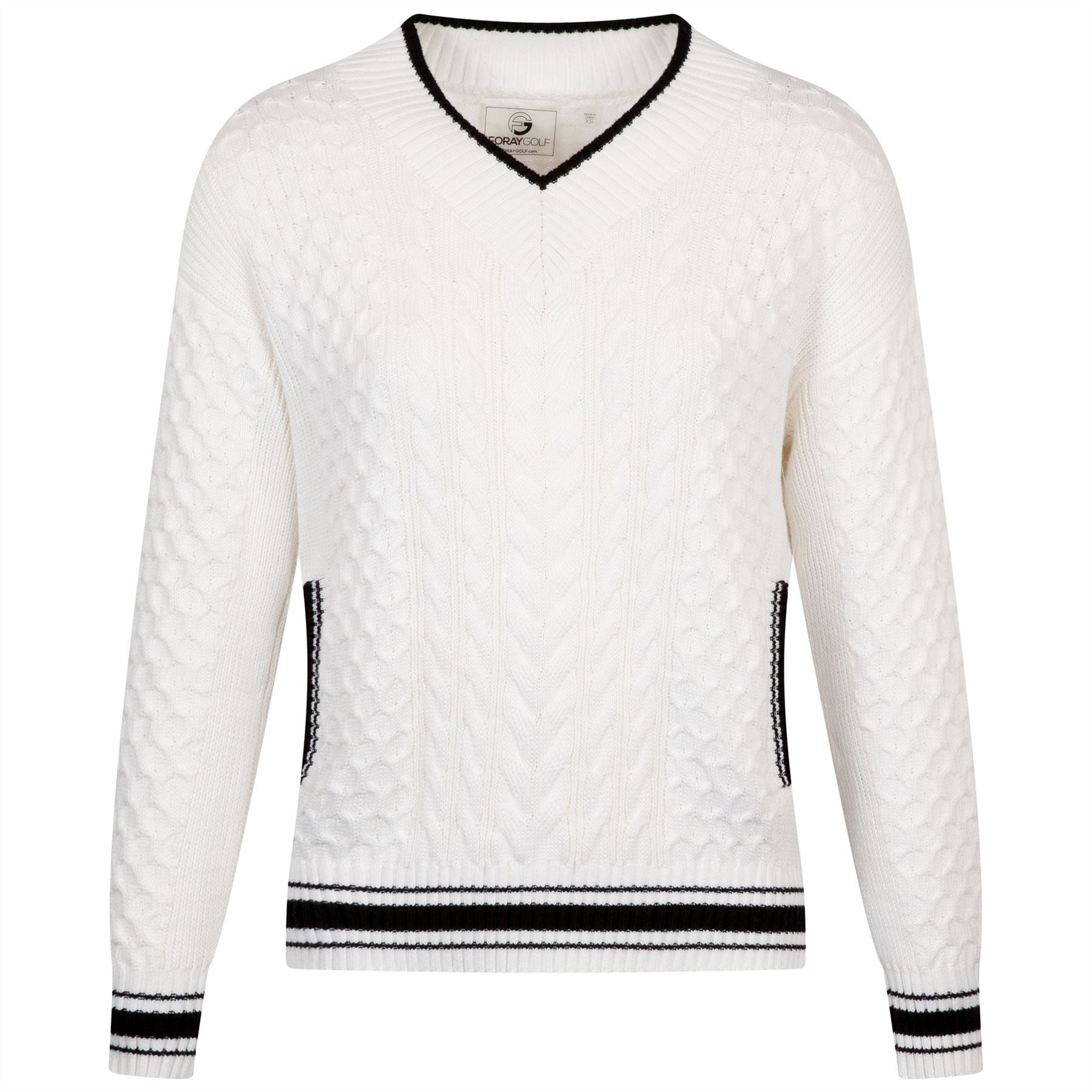 Womens V-Neck Cable Knit Sweater White/Black