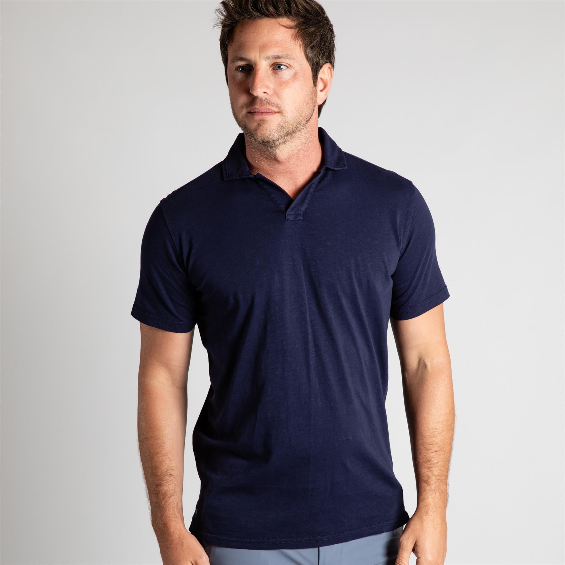Alpha Slub Johnny Collar Polo Maltese Blue