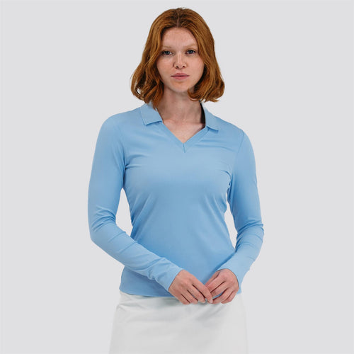 Womens Rib V-Neck LS Polo Light Blue