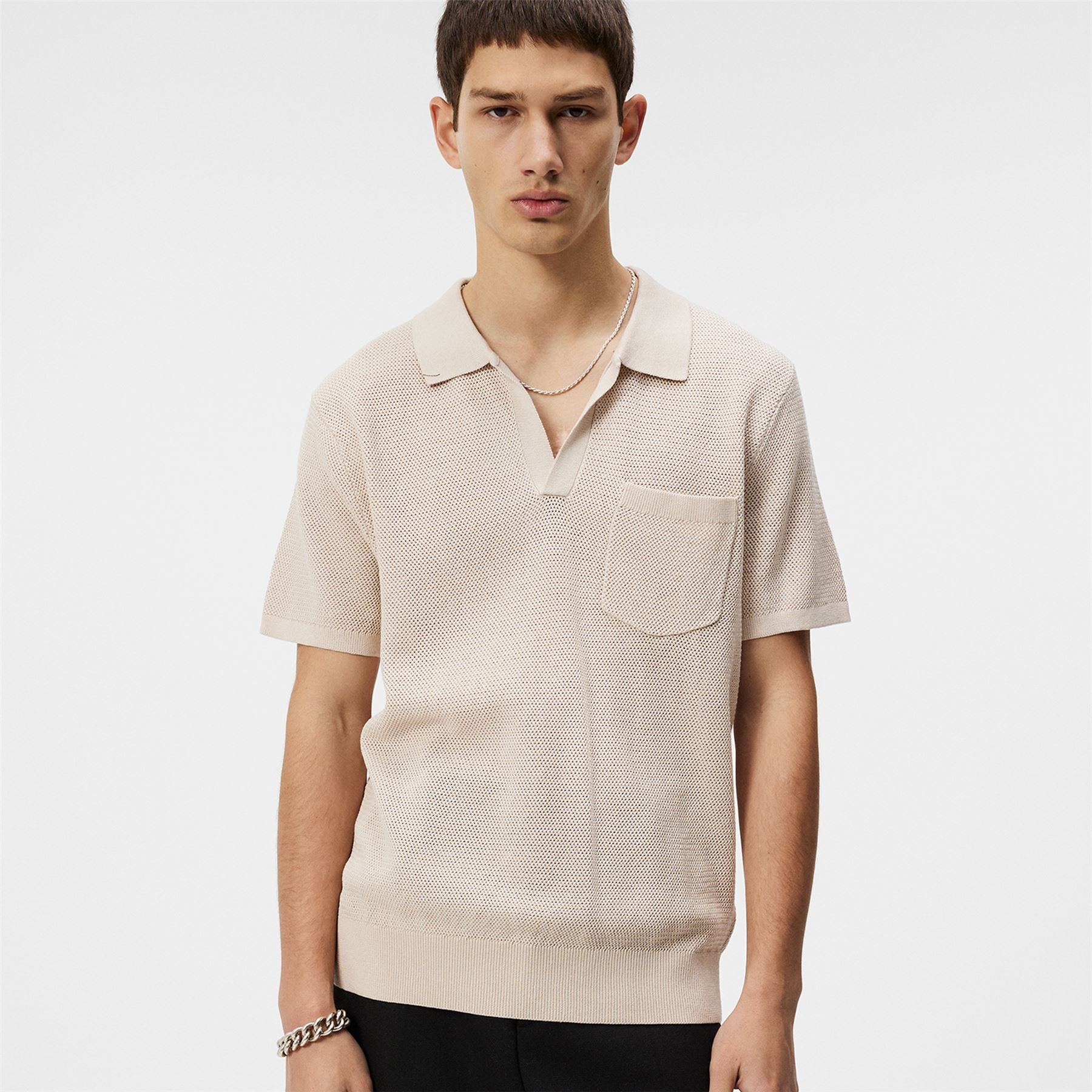 Ben Slim Fit Open Collar Silk Polo Moonbeam