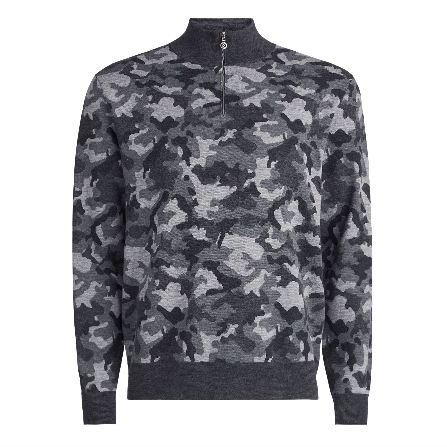 Camo Jacquard Merino Wool Quarter Zip Sweater Charcoal Camo
