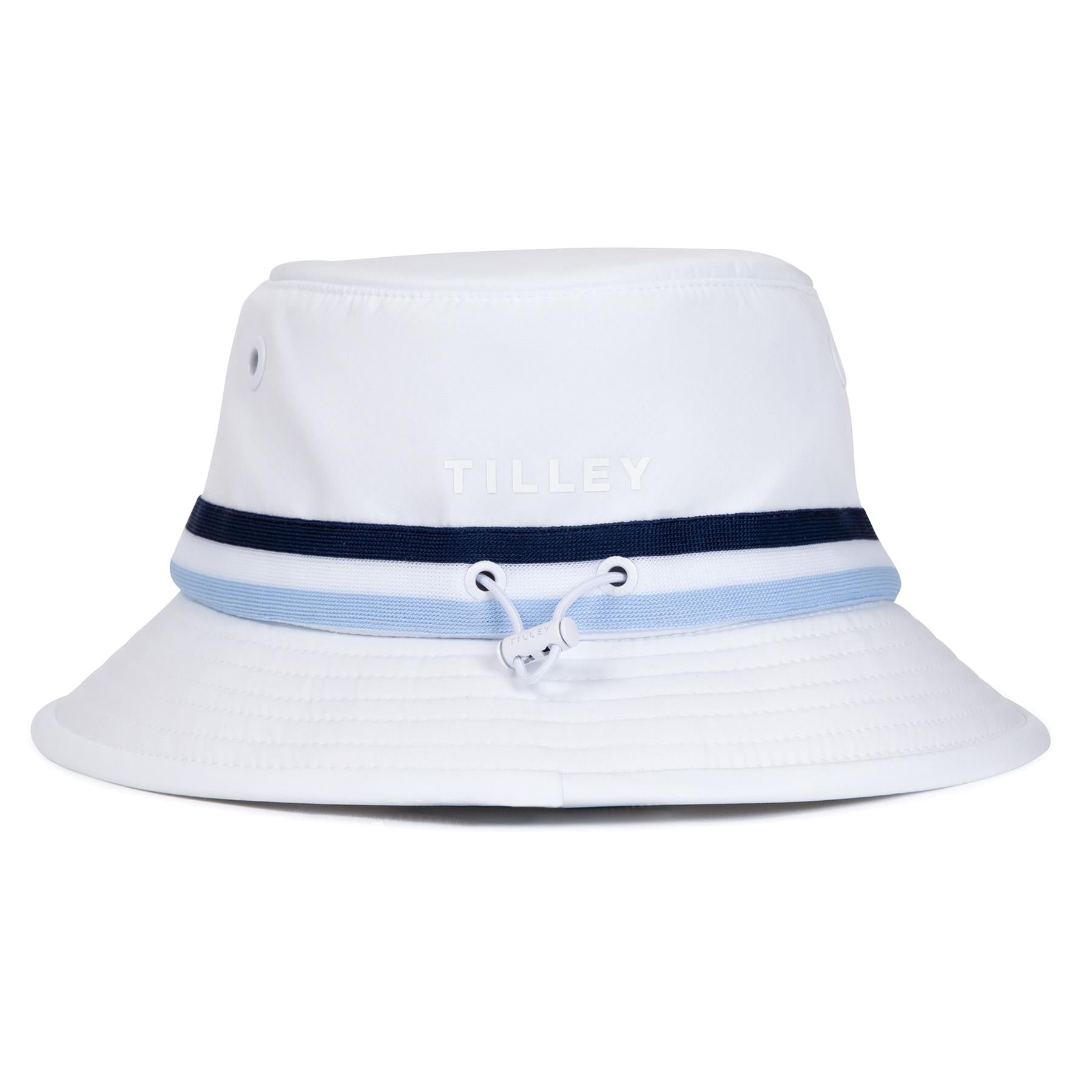 Womens Ribbon Bucket Hat White/Navy Blue Stripe